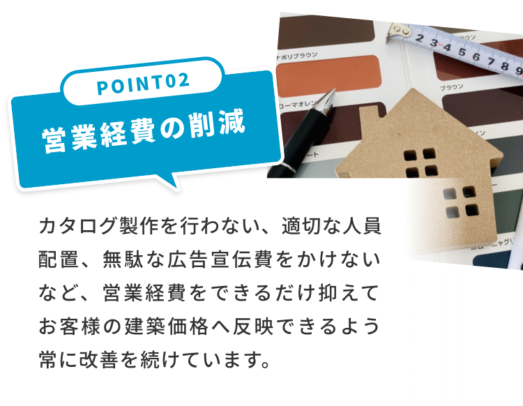 POINT02 営業経費の削減　カタログ製作を行わない、適切な人員配置、無駄な広告宣伝費をかけないなど、営業経費をできるだけ抑えてお客様の建築価格へ反映できるよう常に改善を続けています。